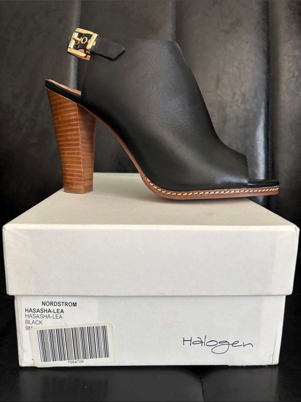 HALOGEN Hasasha-Lea Black Leather Peep-Toe Slingback Heel
